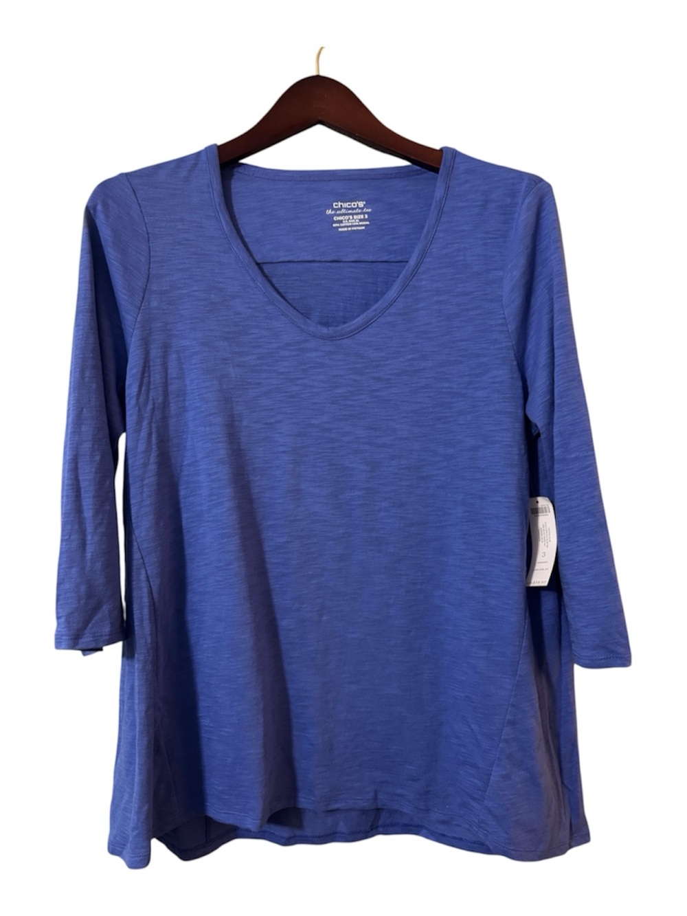 Chico's Amparo Blue Cotton Slub Hi-Lo 3/4 Sleeve Tee Top Size 3 NWT